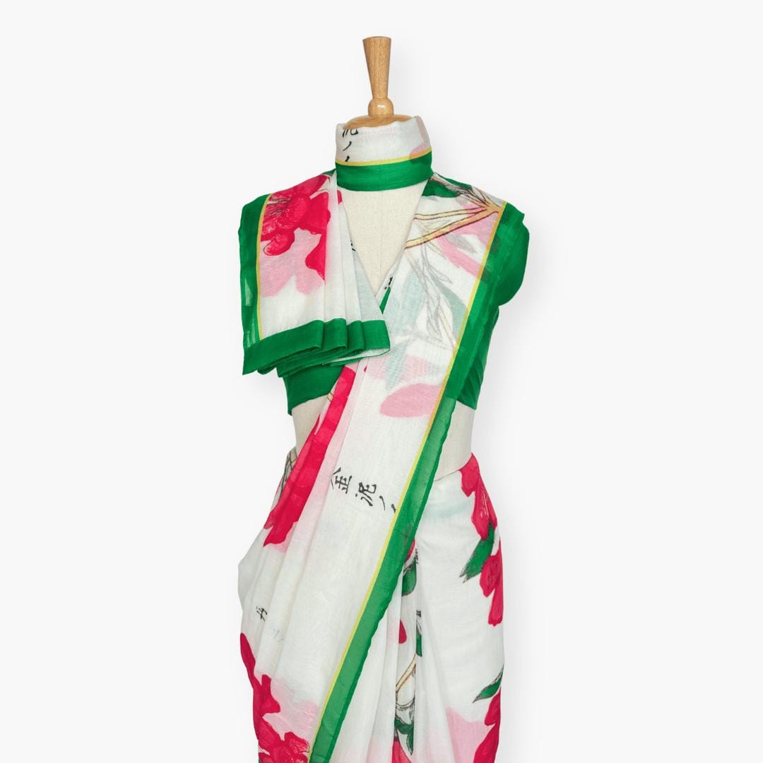 Printed Mul Chanderi Saree Saree Off-White & Green Chanderi Saree