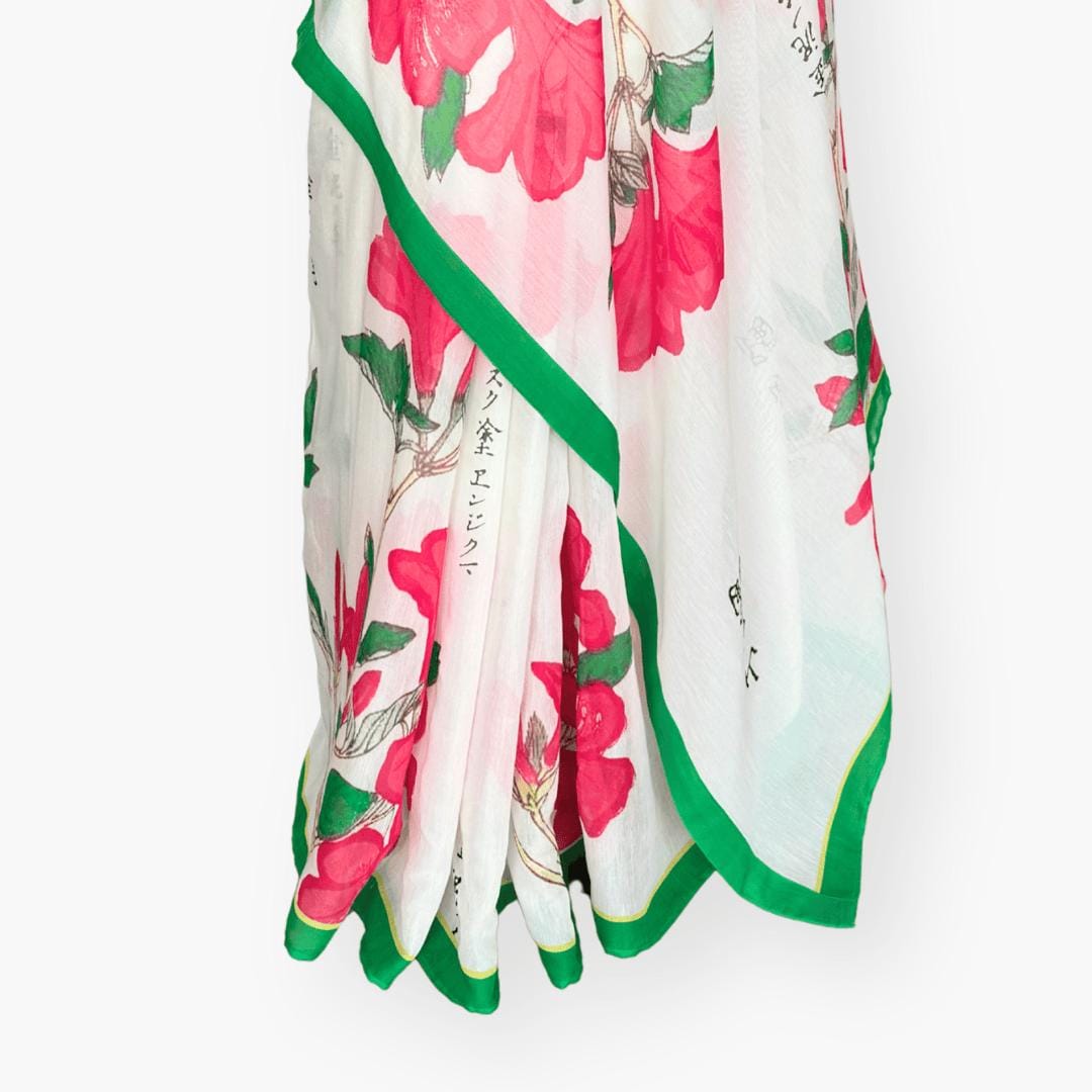 Printed Mul Chanderi Saree Saree Off-White & Green Chanderi Saree