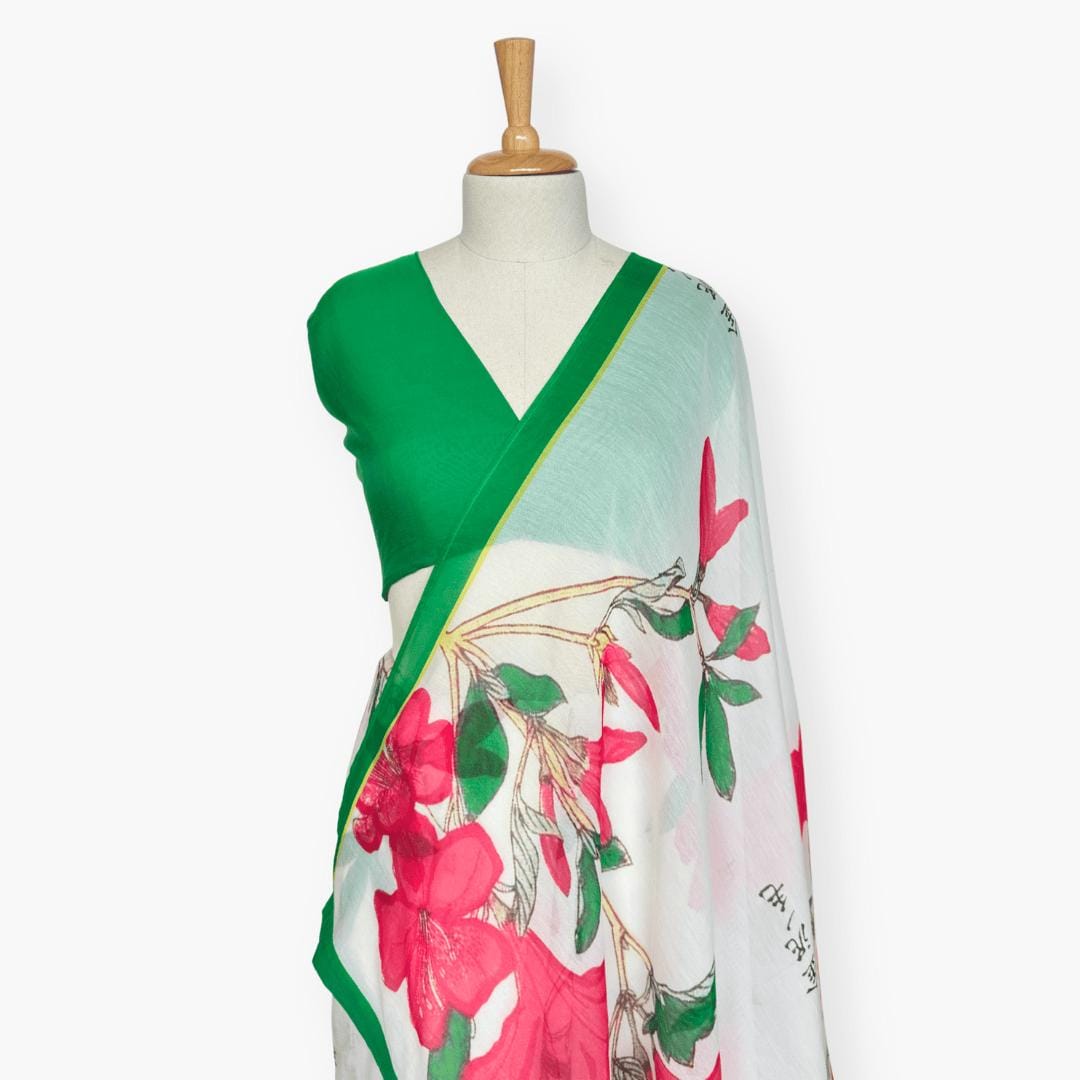 Printed Mul Chanderi Saree Saree Off-White & Green Chanderi Saree