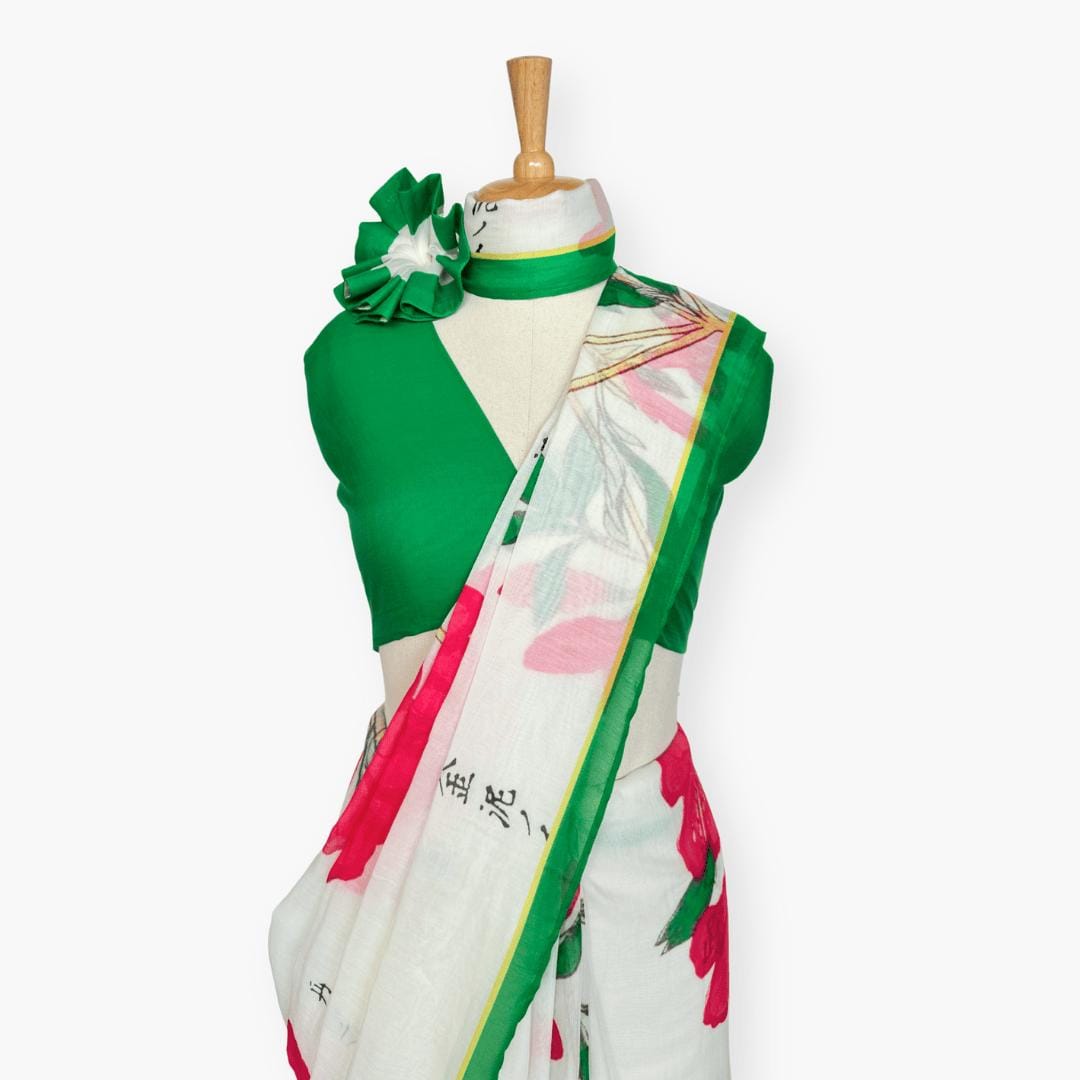 Printed Mul Chanderi Saree Saree Off-White & Green Chanderi Saree