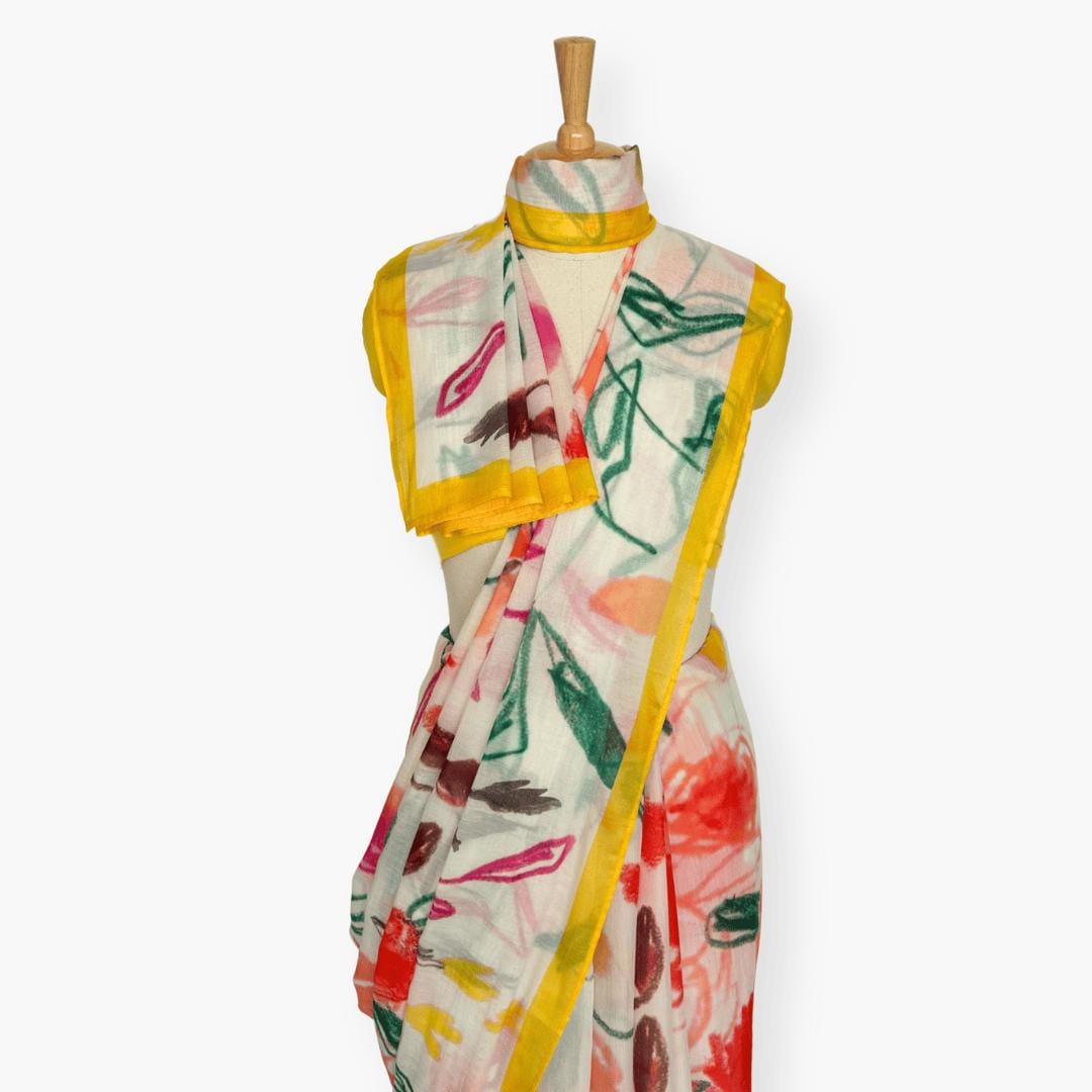 Printed Mul Chanderi Saree Saree Off-White & Yellow Chanderi Saree