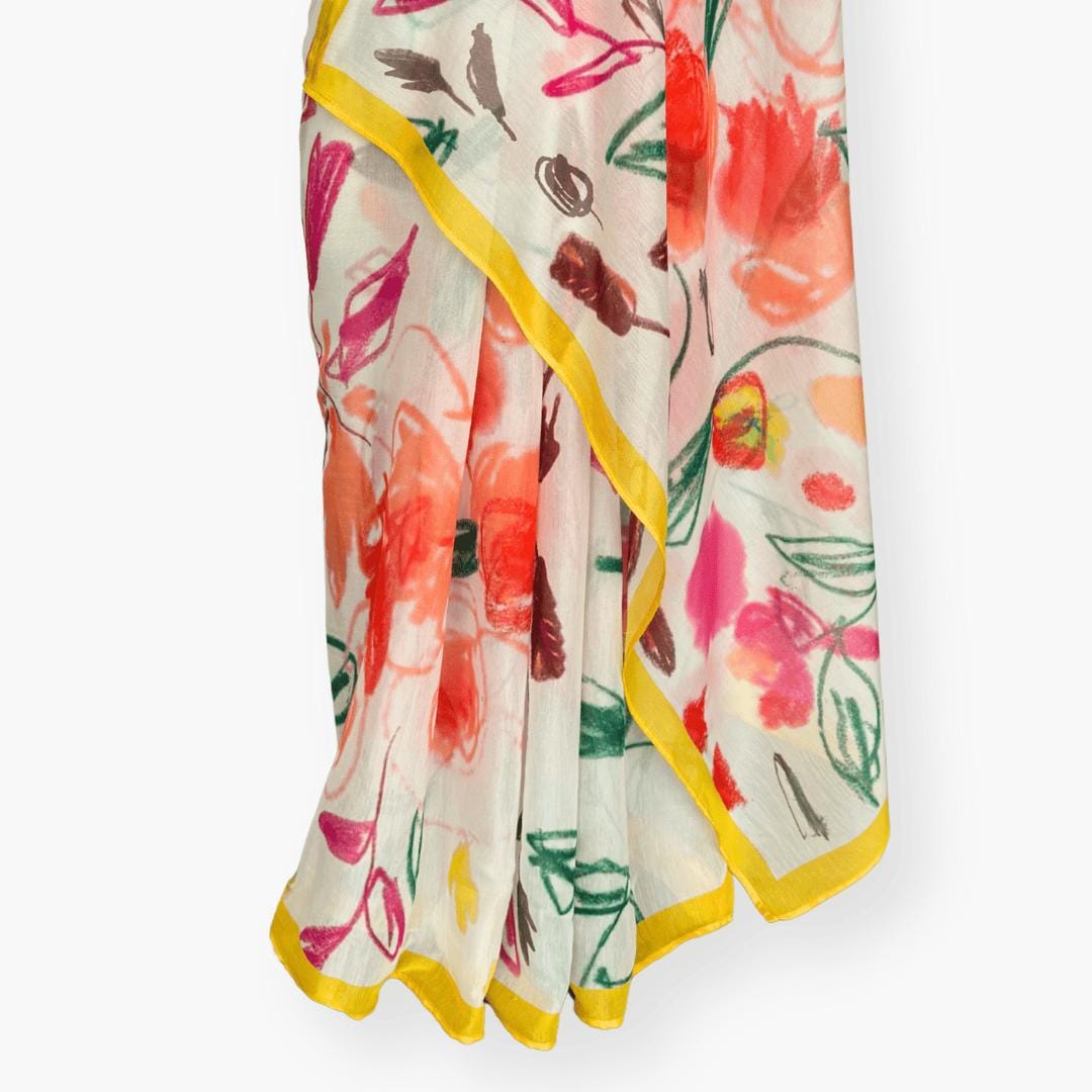 Printed Mul Chanderi Saree Saree Off-White & Yellow Chanderi Saree