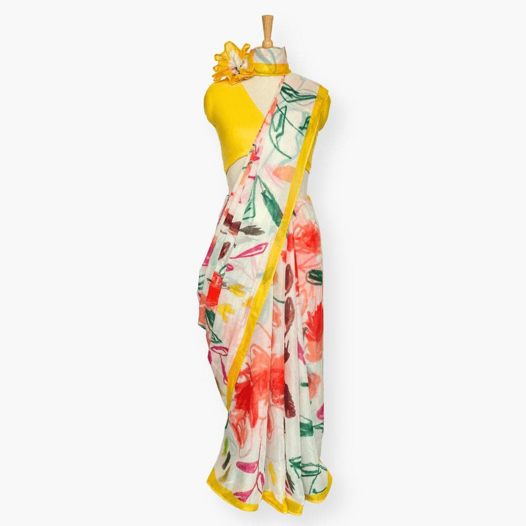 Printed Mul Chanderi Saree Saree Off-White & Yellow Chanderi Saree