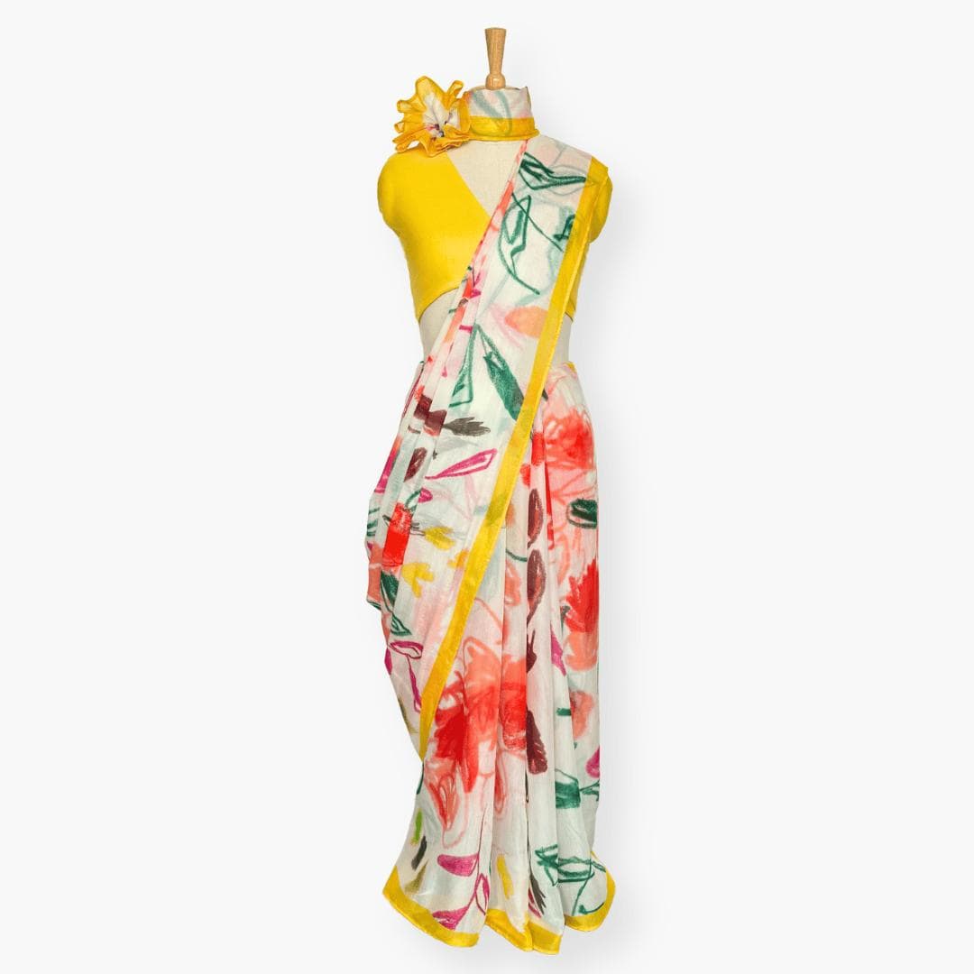 Printed Mul Chanderi Saree Saree Off-White & Yellow Chanderi Saree
