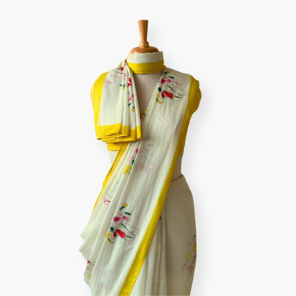 Printed Mul Chanderi Saree Saree Off-White & Yellow Chanderi Saree