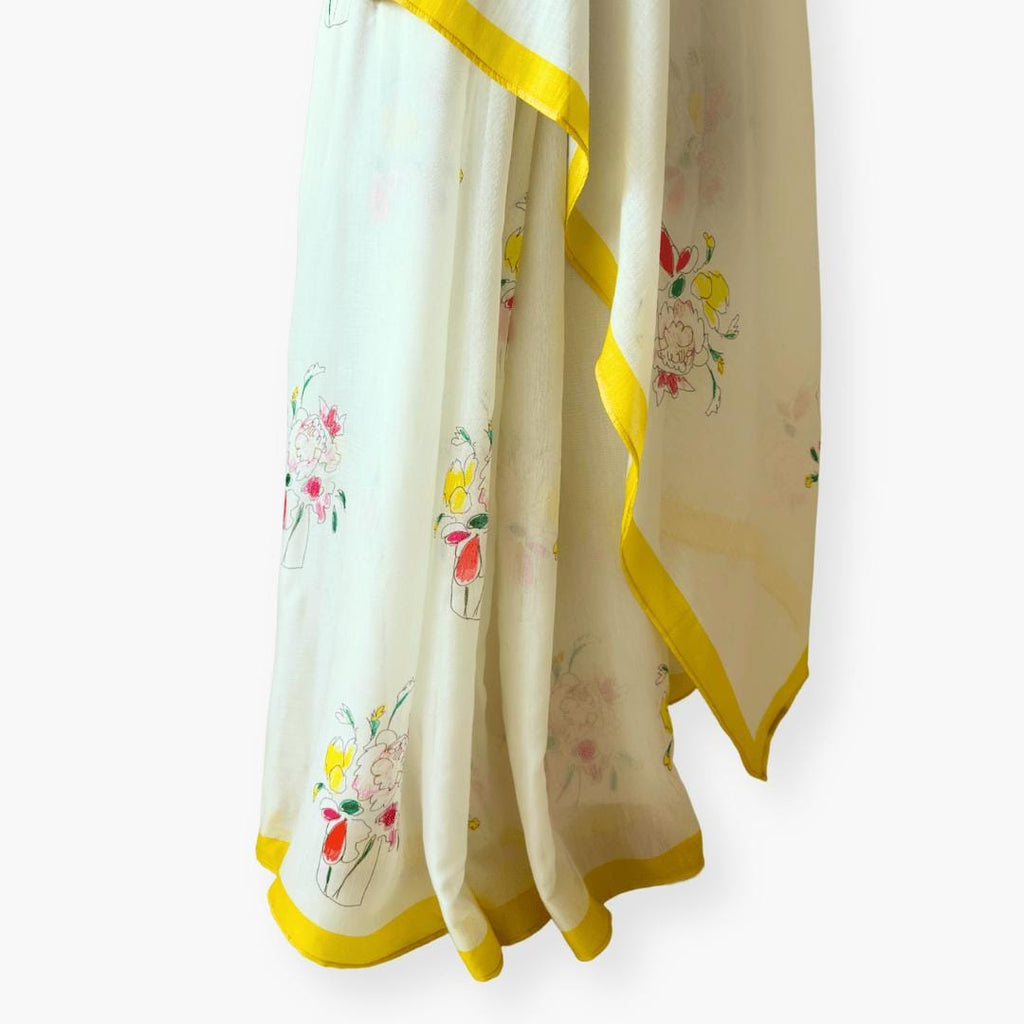 Printed Mul Chanderi Saree Saree Off-White & Yellow Chanderi Saree