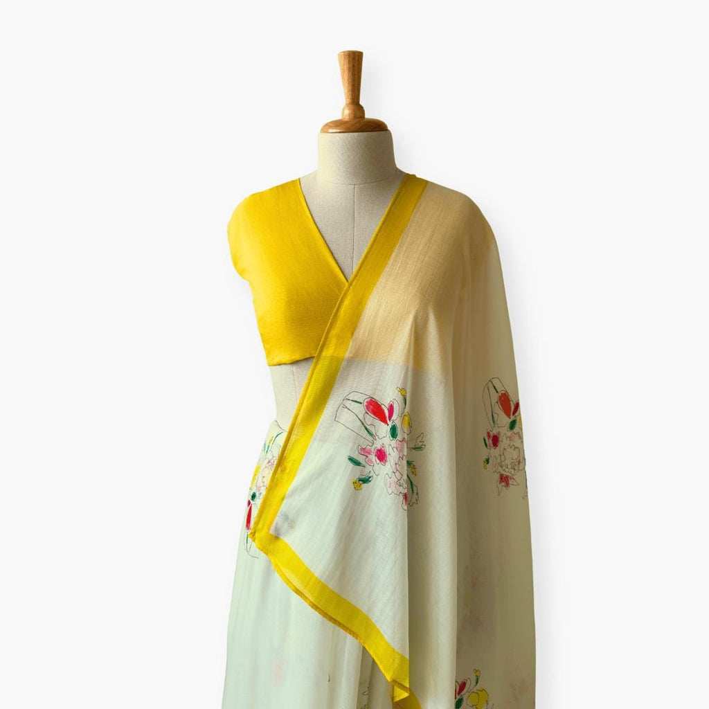 Printed Mul Chanderi Saree Saree Off-White & Yellow Chanderi Saree