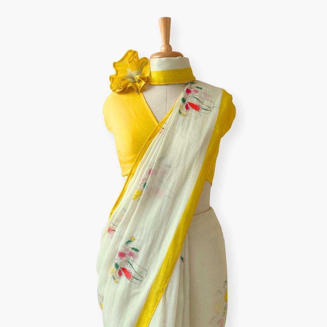 Printed Mul Chanderi Saree Saree Off-White & Yellow Chanderi Saree