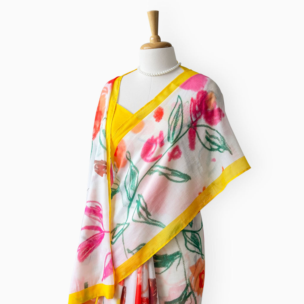Printed Mul Chanderi Saree Saree Off-White & Yellow Mul Chanderi Saree