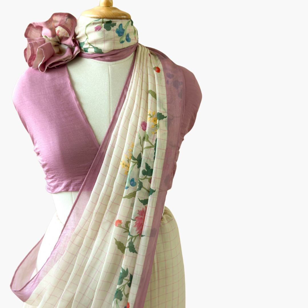 Printed Mul Chanderi Saree Saree Pastel Lilac Printed Pure Mul Chanderi Saree With Unstitched Blouse Piece