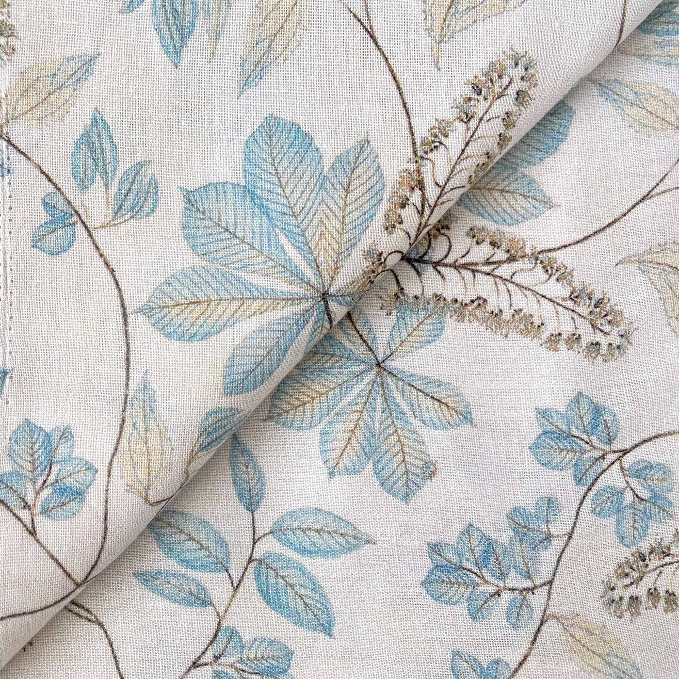Printed Pure Cotton Linen Fabric Fabric Unisex Pastel Blue Leafy Paradise Printed Pure Cotton Linen Fabric (Width 44 Inches)