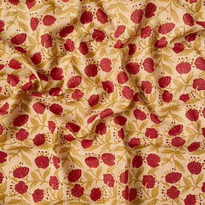 Printed Pure Mul Cotton Fabric Fabric Beige & Red Turkish Roses Hand Block Printed Pure Mul Cotton Fabric (Width 44 Inches)