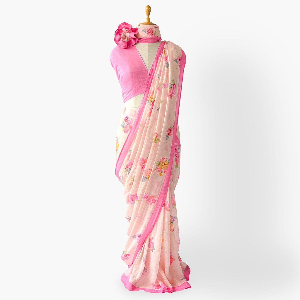 Pure Linen Saree Saree Blush Pink The Linen Story Printed Pure Linen Saree With Unstitched Blouse Piece