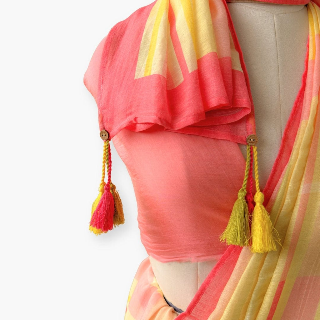 Pure Linen Saree Saree Coral Pink & Yellow The Linen Story Printed Checks Pure Linen Saree With Unstitched Blouse Piece