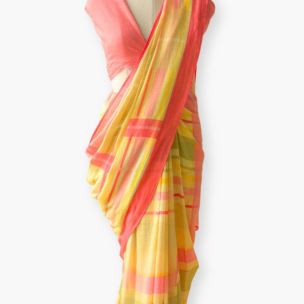 Pure Linen Saree Saree Coral Pink & Yellow The Linen Story Printed Checks Pure Linen Saree With Unstitched Blouse Piece