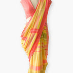 Pure Linen Saree Saree Coral Pink & Yellow The Linen Story Printed Checks Pure Linen Saree With Unstitched Blouse Piece