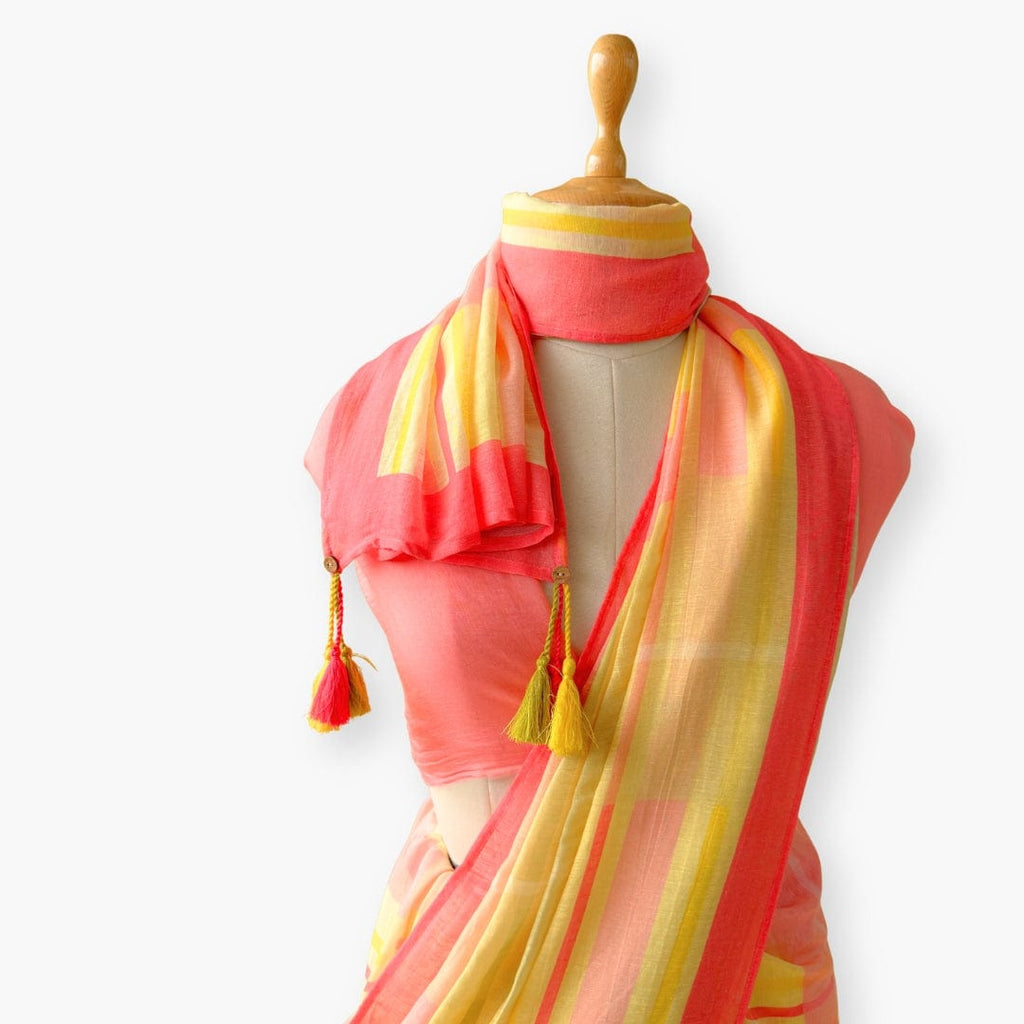 Pure Linen Saree Saree Coral Pink & Yellow The Linen Story Printed Checks Pure Linen Saree With Unstitched Blouse Piece