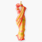 Pure Linen Saree Saree Coral Pink & Yellow The Linen Story Printed Checks Pure Linen Saree With Unstitched Blouse Piece
