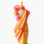 Pure Linen Saree Saree Coral Pink & Yellow The Linen Story Printed Checks Pure Linen Saree With Unstitched Blouse Piece