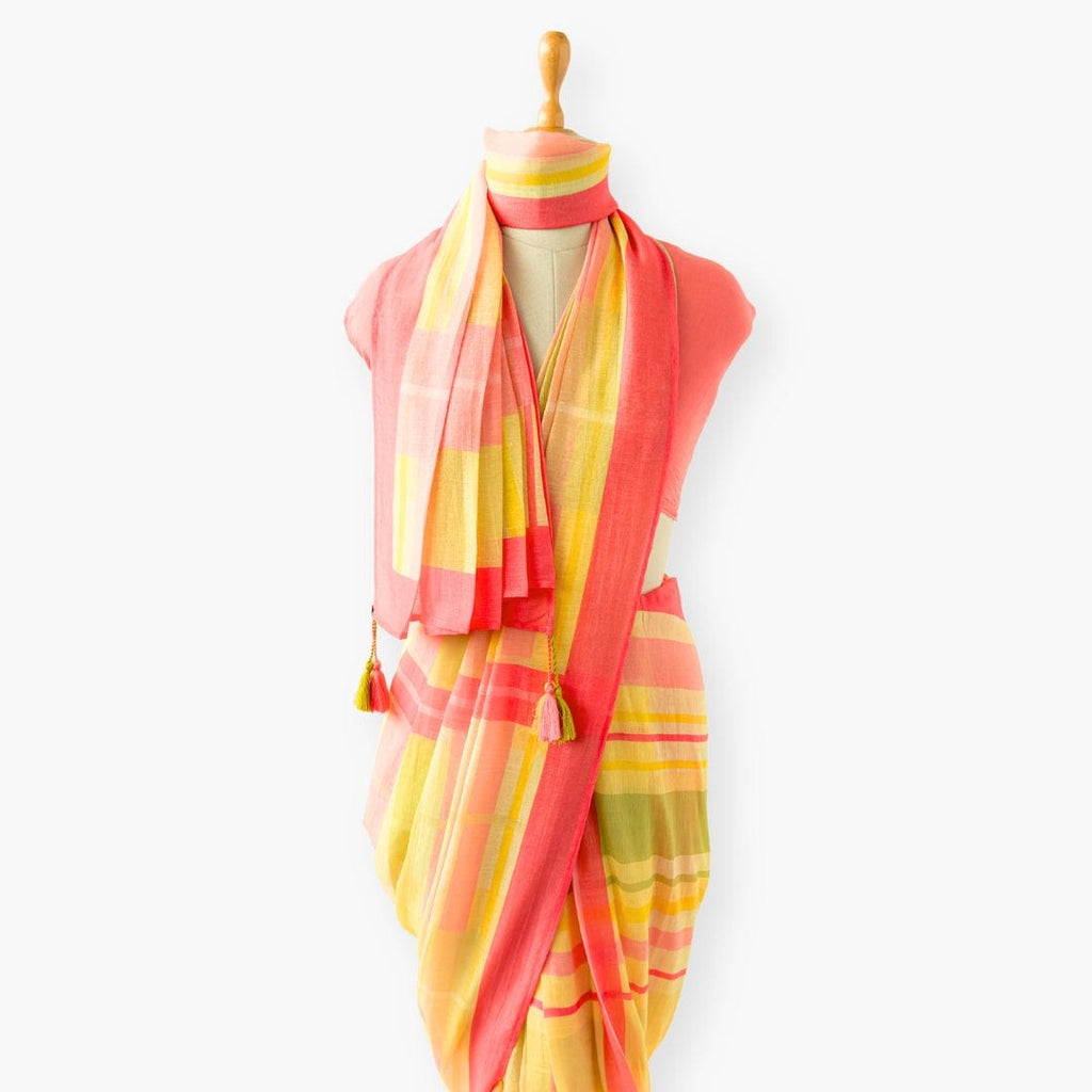 Pure Linen Saree Saree Coral Pink & Yellow The Linen Story Printed Madras Checks Pure Linen Saree With Unstitched Blouse Piece