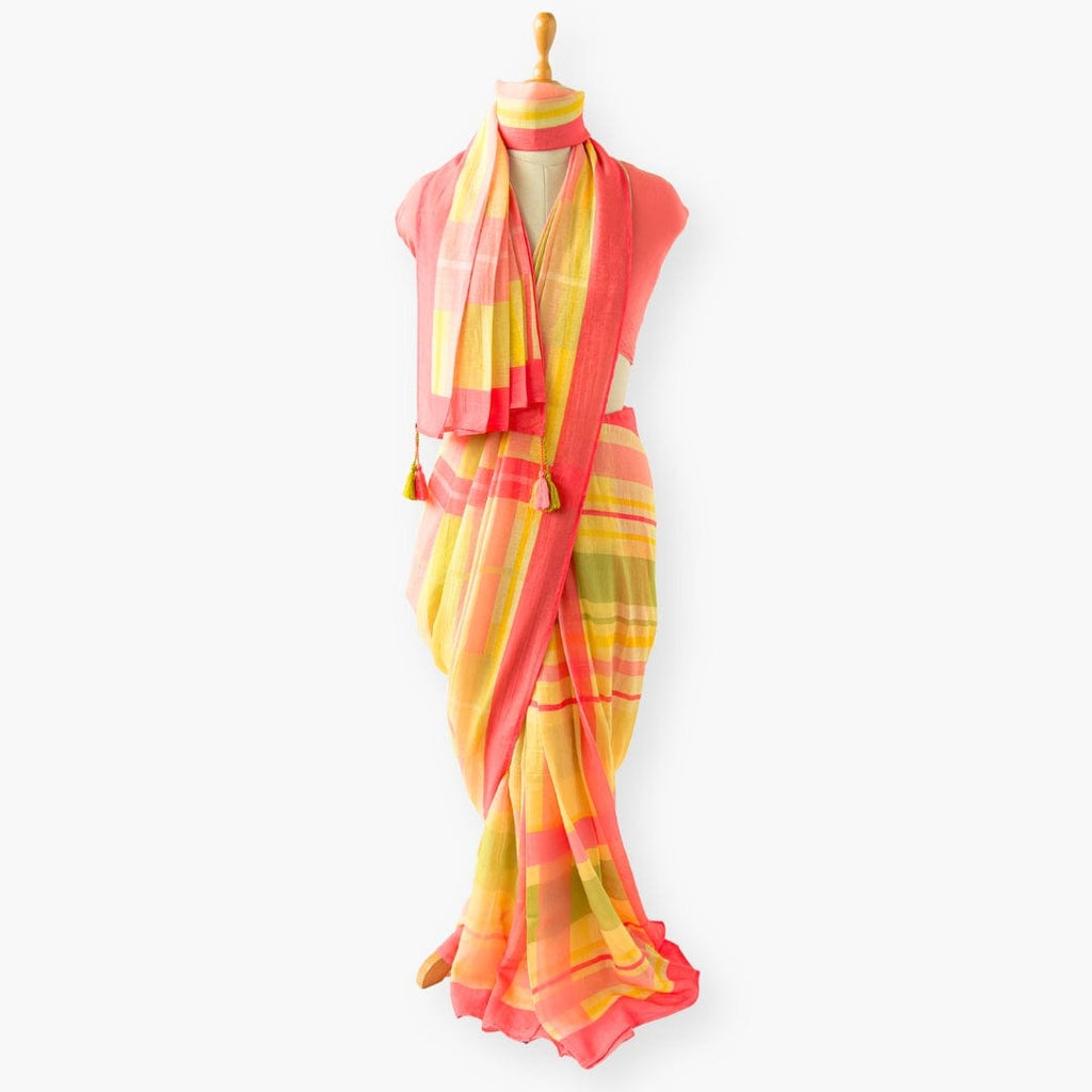 Pure Linen Saree Saree Coral Pink & Yellow The Linen Story Printed Madras Checks Pure Linen Saree With Unstitched Blouse Piece