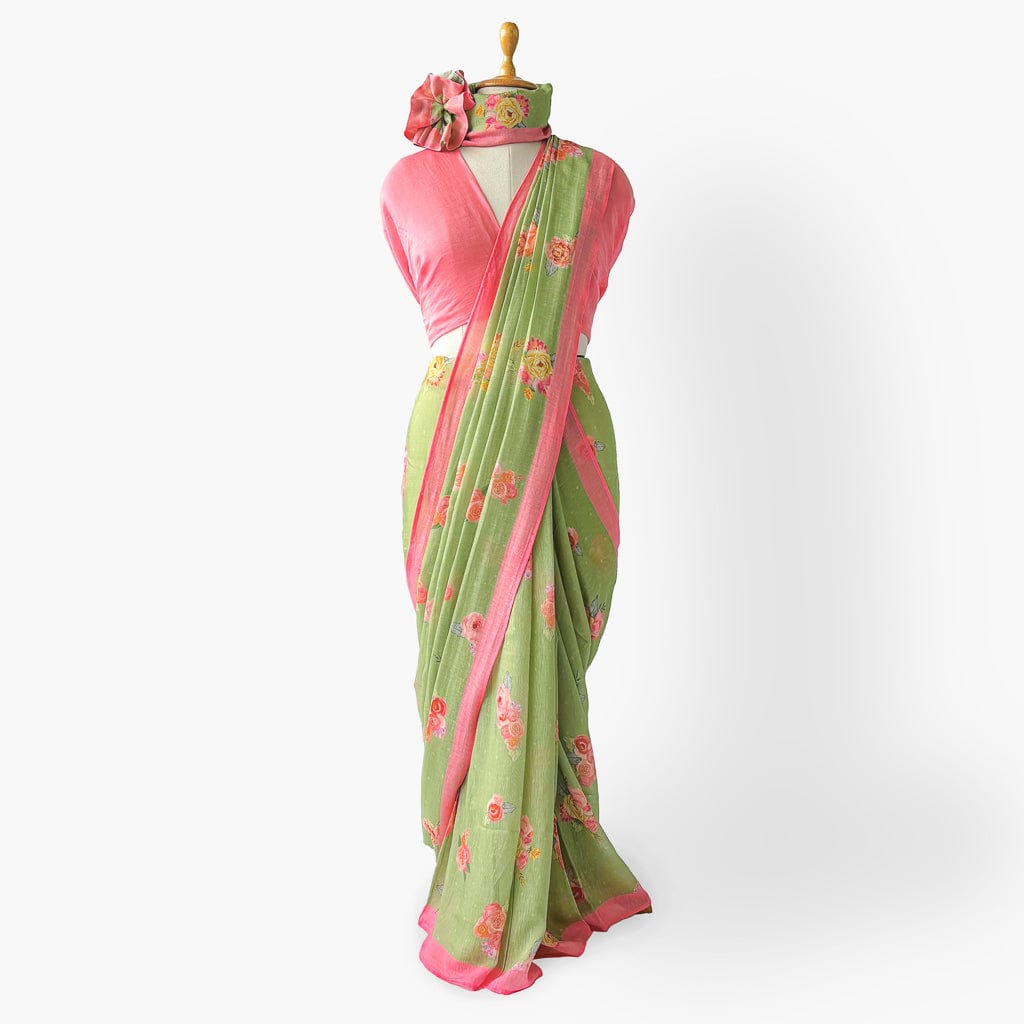 Pure Linen Saree Saree Fresh Green The Linen Story Printed Pure Linen Saree With Unstitched Blouse Piece