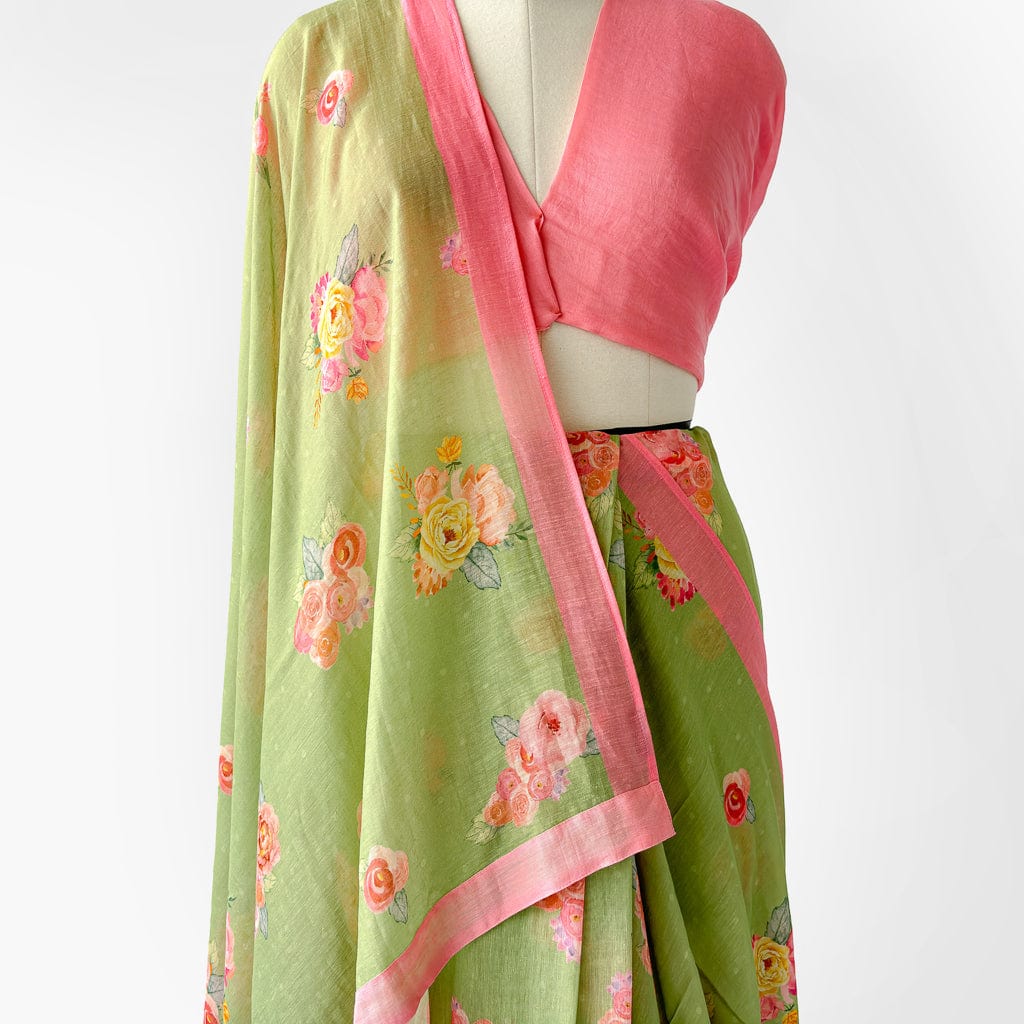 Pure Linen Saree Saree Fresh Green The Linen Story Printed Pure Linen Saree With Unstitched Blouse Piece