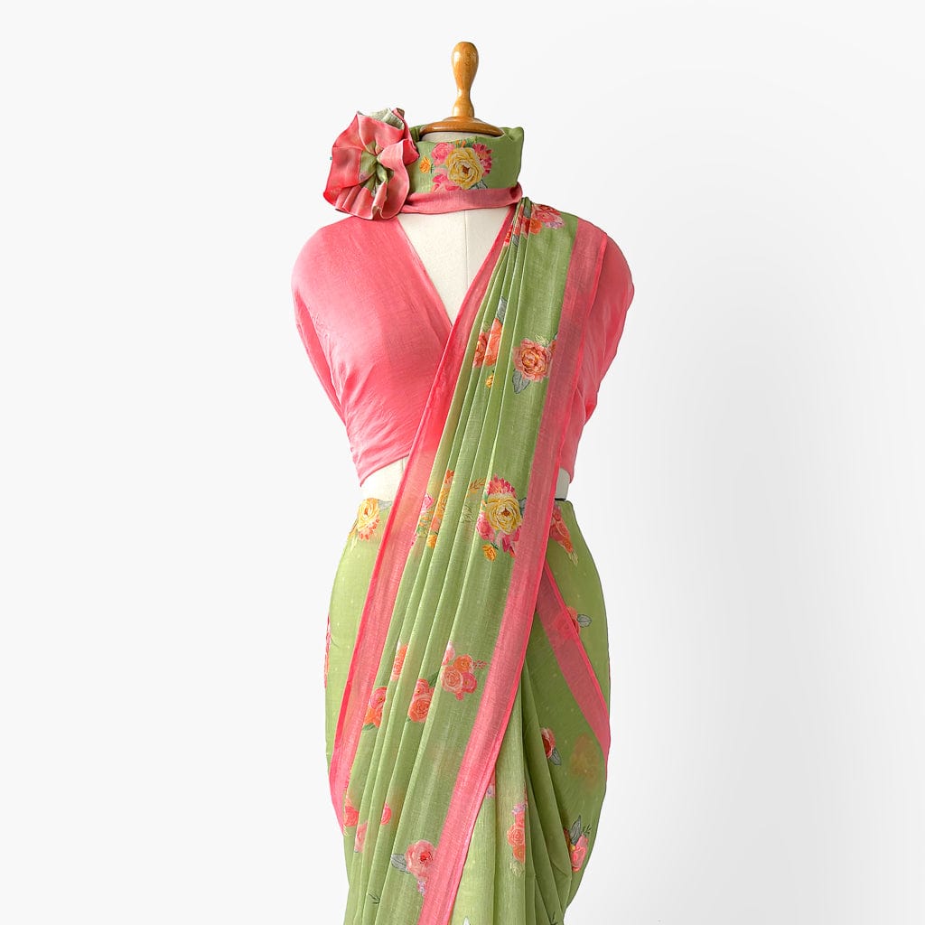 Pure Linen Saree Saree Fresh Green The Linen Story Printed Pure Linen Saree With Unstitched Blouse Piece