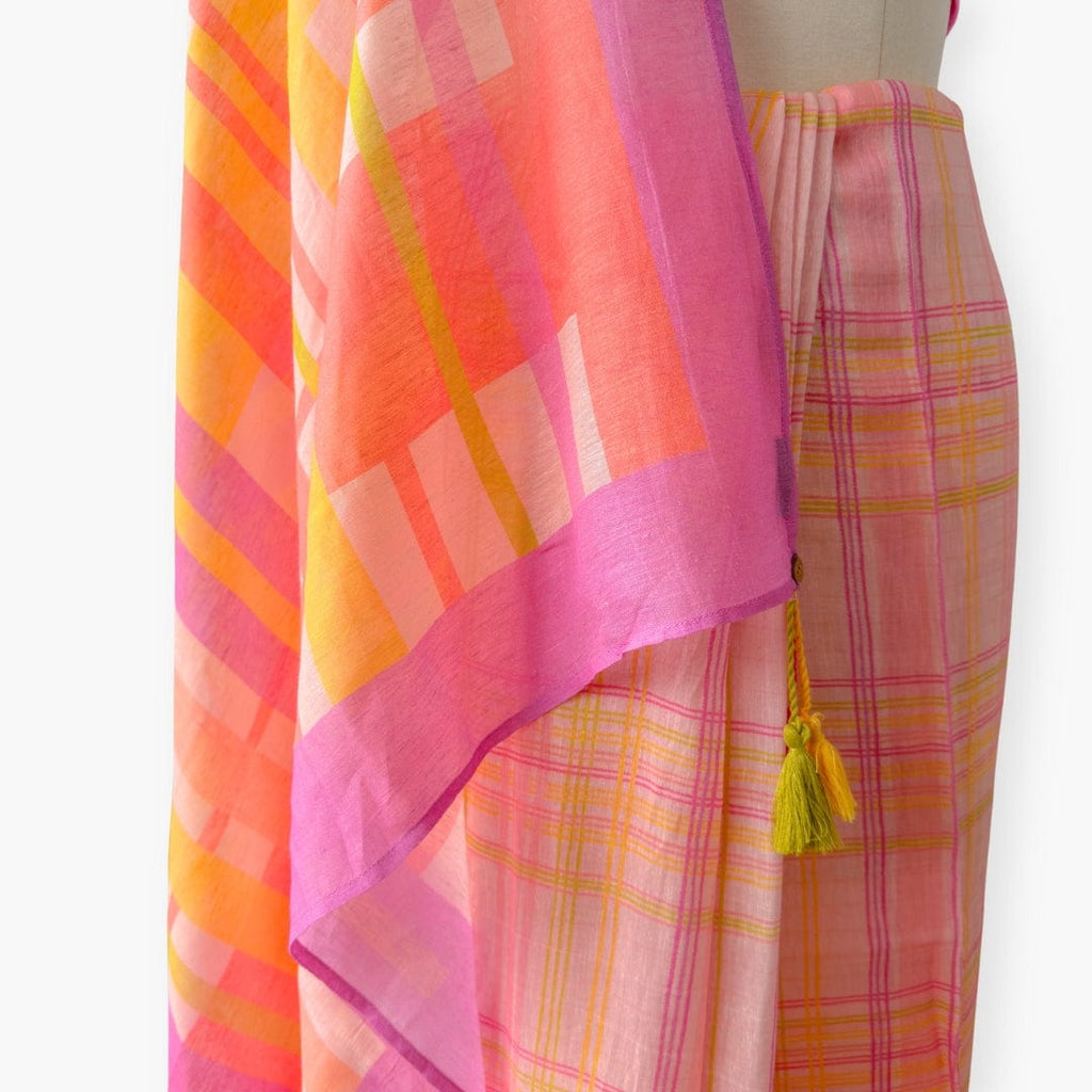 Pure Linen Saree Saree Fresh Mauve The Linen Story Printed Checks Pure Linen Saree With Unstitched Blouse Piece