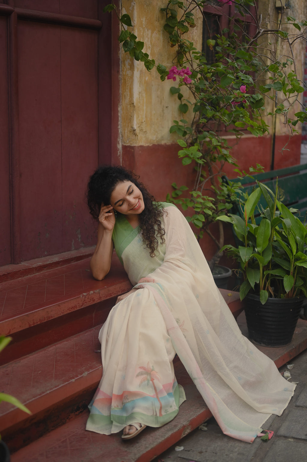 Pure Linen Saree Saree Off-White & Green Linen Saree