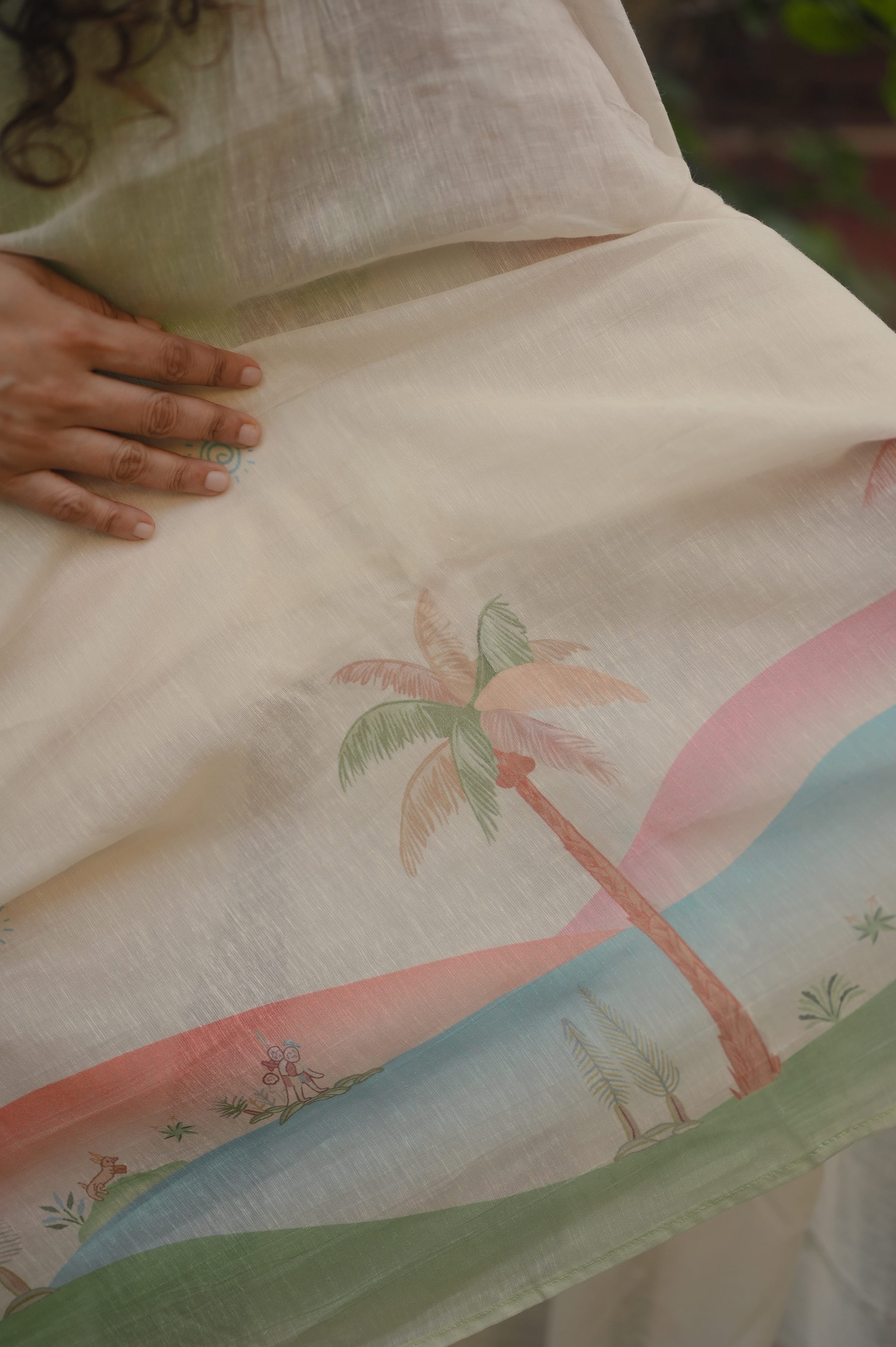 Pure Linen Saree Saree Off-White & Green Linen Saree