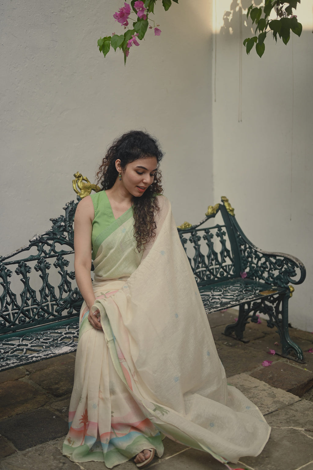 Pure Linen Saree Saree Off-White & Green Linen Saree