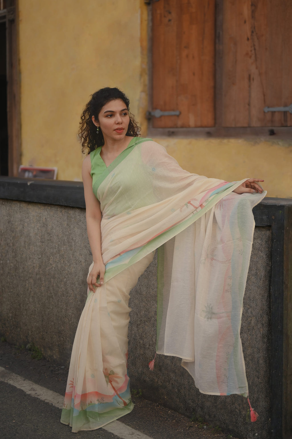 Pure Linen Saree Saree Off-White & Green Linen Saree