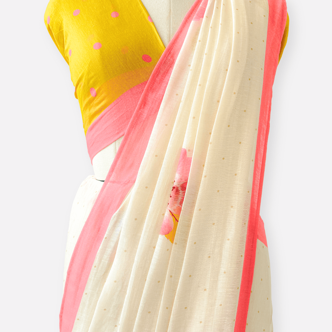 Pure Linen Saree Saree Off-White & Peach The Linen Story Printed Pure Linen Saree With Unstitched Blouse Piece