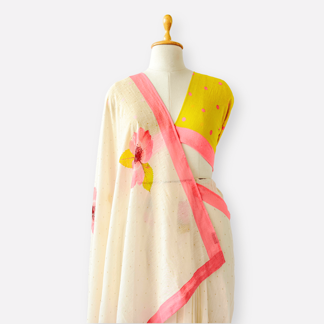 Pure Linen Saree Saree Off-White & Peach The Linen Story Printed Pure Linen Saree With Unstitched Blouse Piece