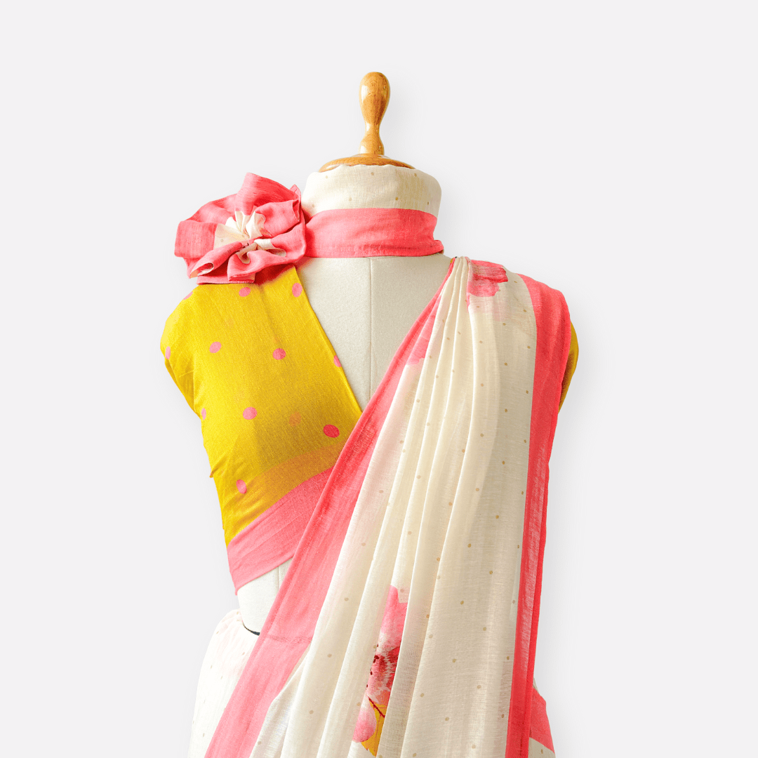 Pure Linen Saree Saree Off-White & Peach The Linen Story Printed Pure Linen Saree With Unstitched Blouse Piece