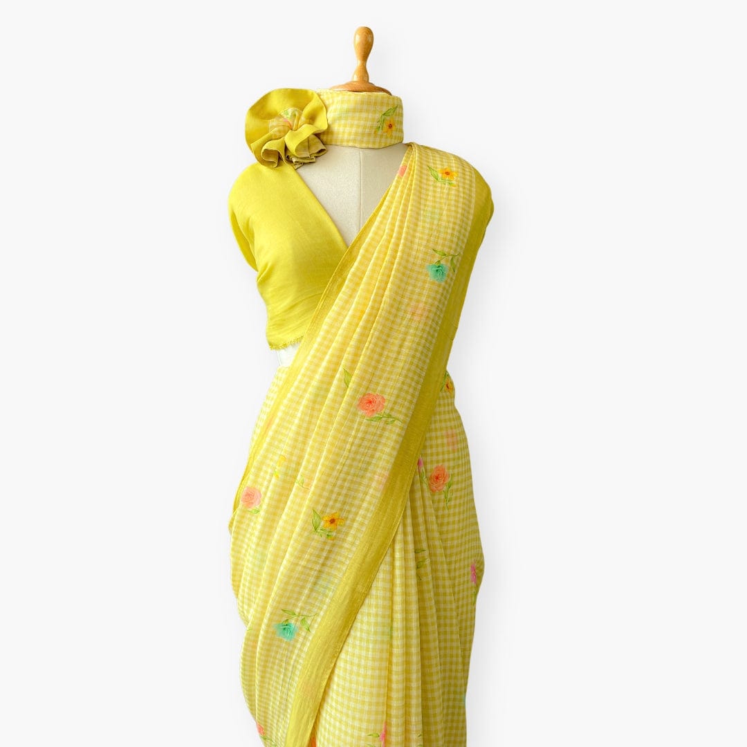Pure Linen Saree Saree Pastel Lime The Linen Story Printed Pure Linen Saree With Unstitched Blouse Piece
