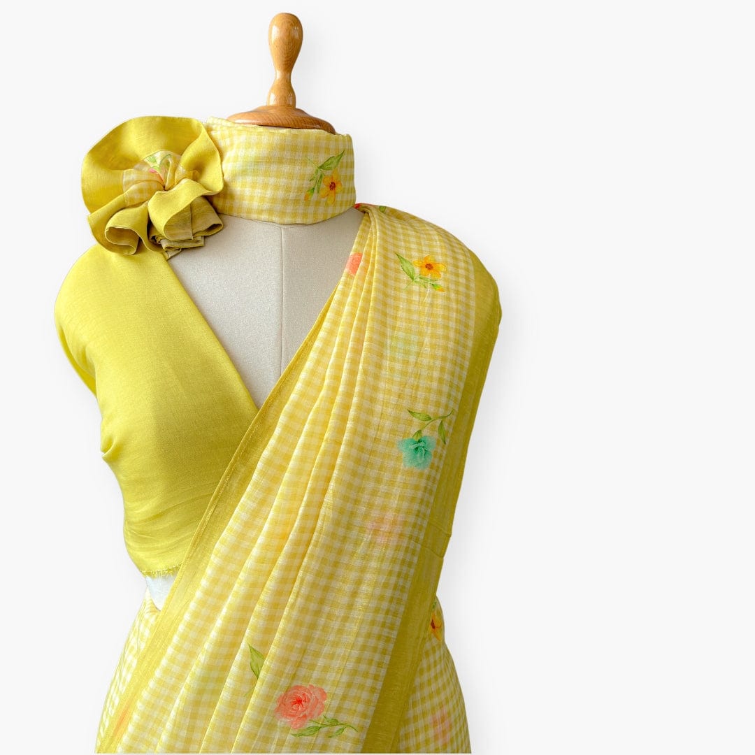 Pure Linen Saree Saree Pastel Lime The Linen Story Printed Pure Linen Saree With Unstitched Blouse Piece