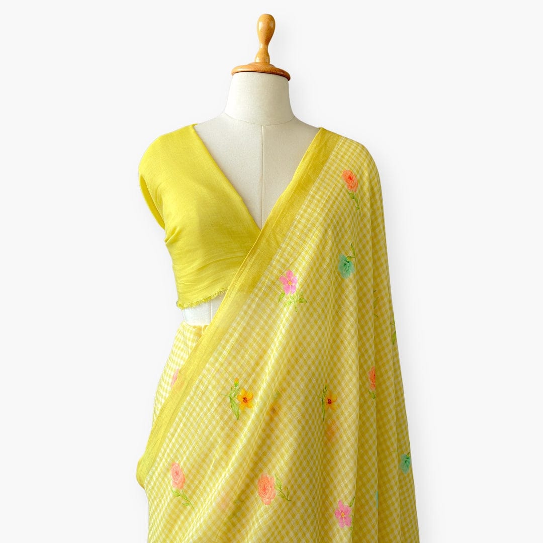 Pure Linen Saree Saree Pastel Lime The Linen Story Printed Pure Linen Saree With Unstitched Blouse Piece
