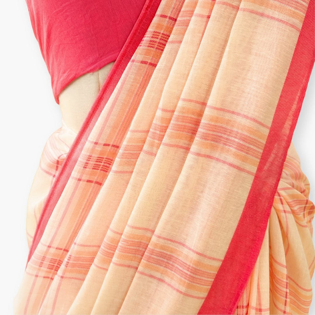 Pure Linen Saree Saree Peach & Coral Pink The Linen Story Printed Madras Checks Pure Linen Saree With Unstitched Blouse Piece