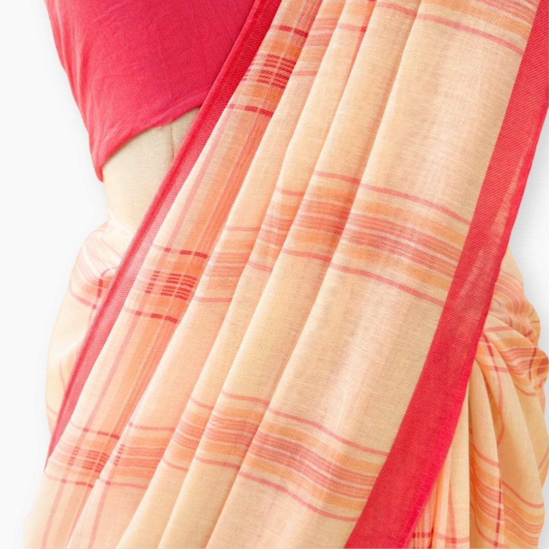 Pure Linen Saree Saree Peach & Coral Pink The Linen Story Printed Madras Checks Pure Linen Saree With Unstitched Blouse Piece