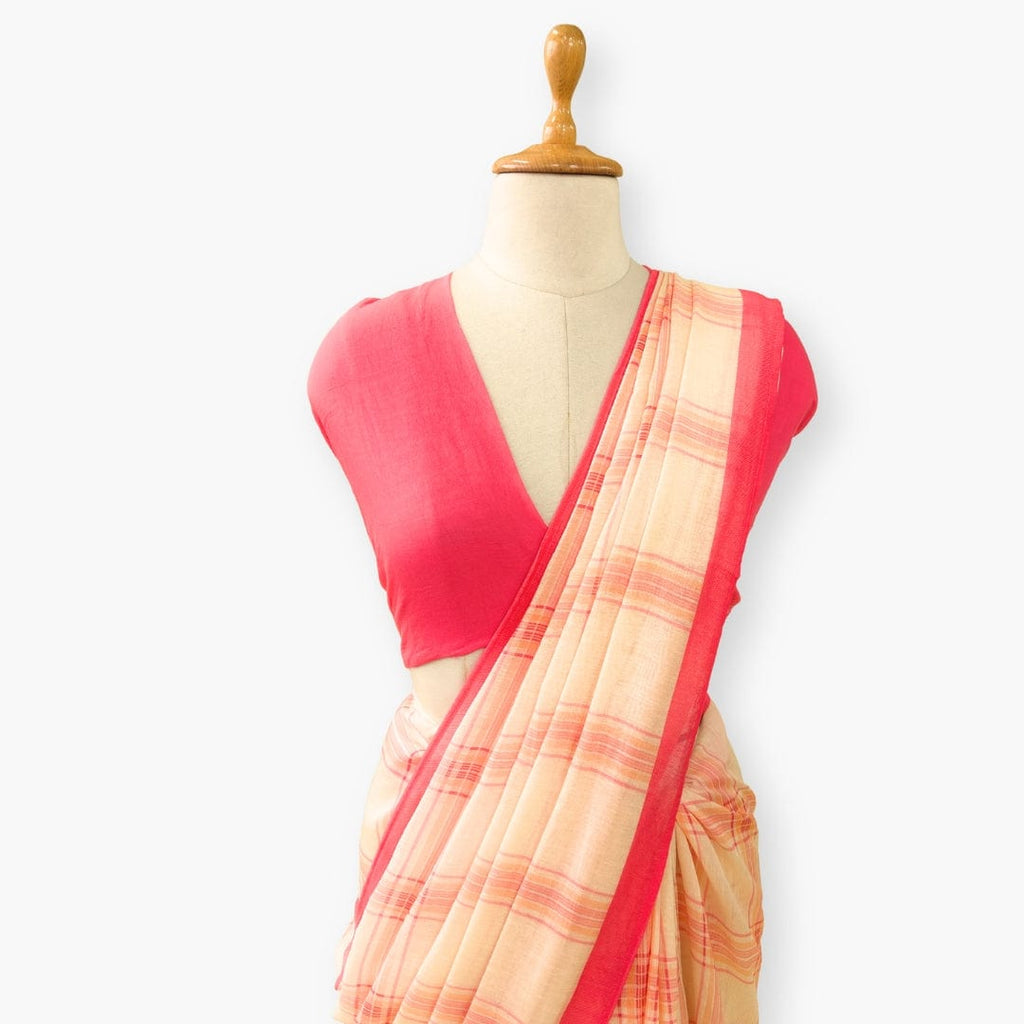 Pure Linen Saree Saree Peach & Coral Pink The Linen Story Printed Madras Checks Pure Linen Saree With Unstitched Blouse Piece