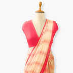 Pure Linen Saree Saree Peach & Coral Pink The Linen Story Printed Madras Checks Pure Linen Saree With Unstitched Blouse Piece