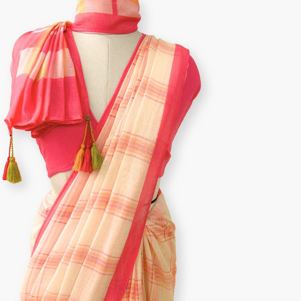 Pure Linen Saree Saree Peach & Coral Pink The Linen Story Printed Madras Checks Pure Linen Saree With Unstitched Blouse Piece