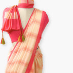 Pure Linen Saree Saree Peach & Coral Pink The Linen Story Printed Madras Checks Pure Linen Saree With Unstitched Blouse Piece
