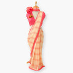 Pure Linen Saree Saree Peach & Coral Pink The Linen Story Printed Madras Checks Pure Linen Saree With Unstitched Blouse Piece