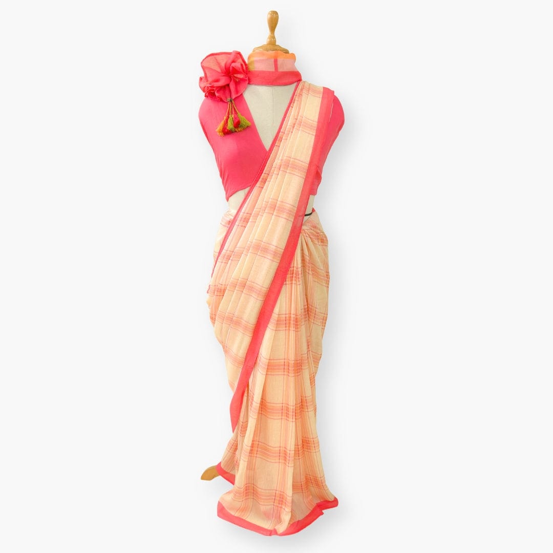 Pure Linen Saree Saree Peach & Coral Pink The Linen Story Printed Madras Checks Pure Linen Saree With Unstitched Blouse Piece