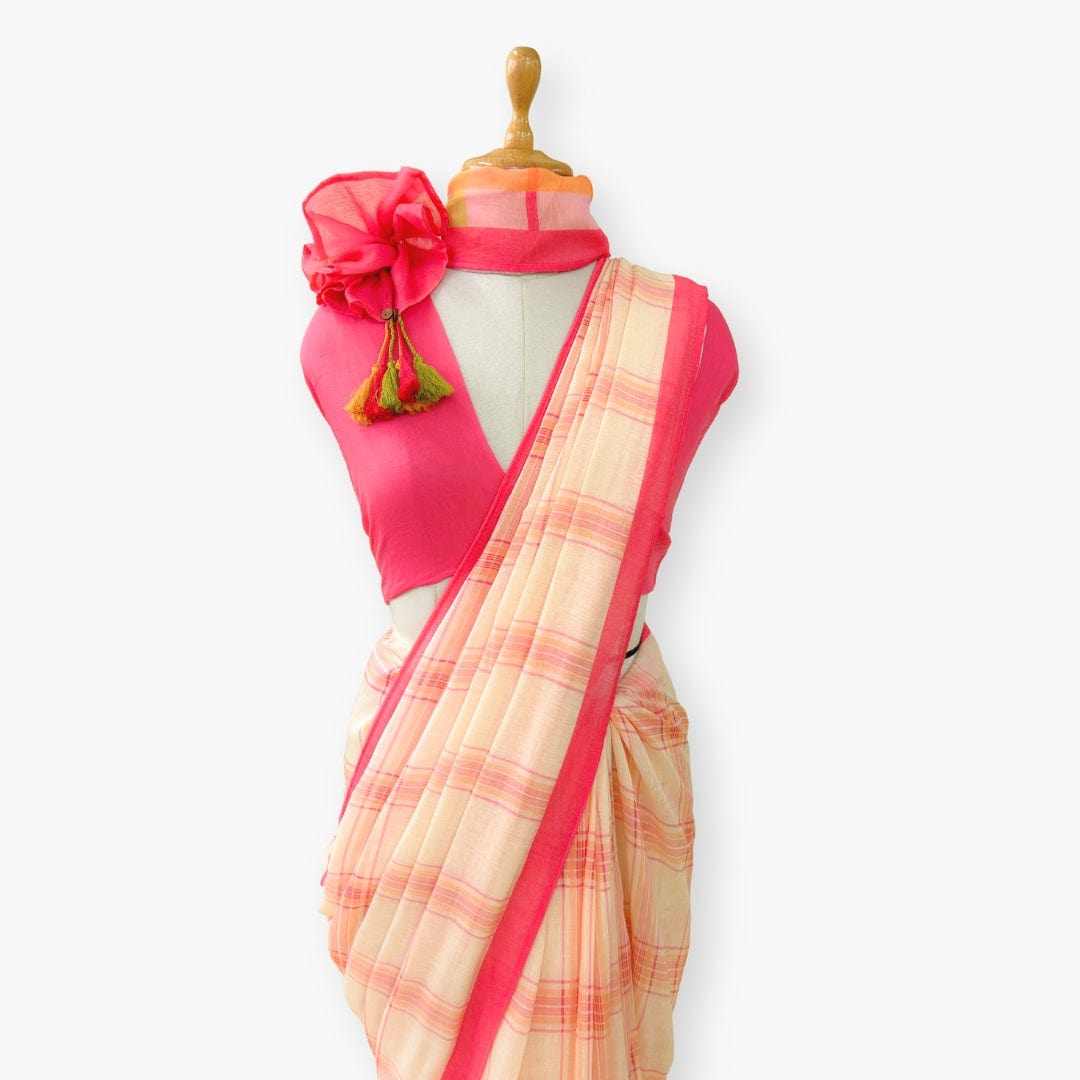 Pure Linen Saree Saree Peach & Coral Pink The Linen Story Printed Madras Checks Pure Linen Saree With Unstitched Blouse Piece