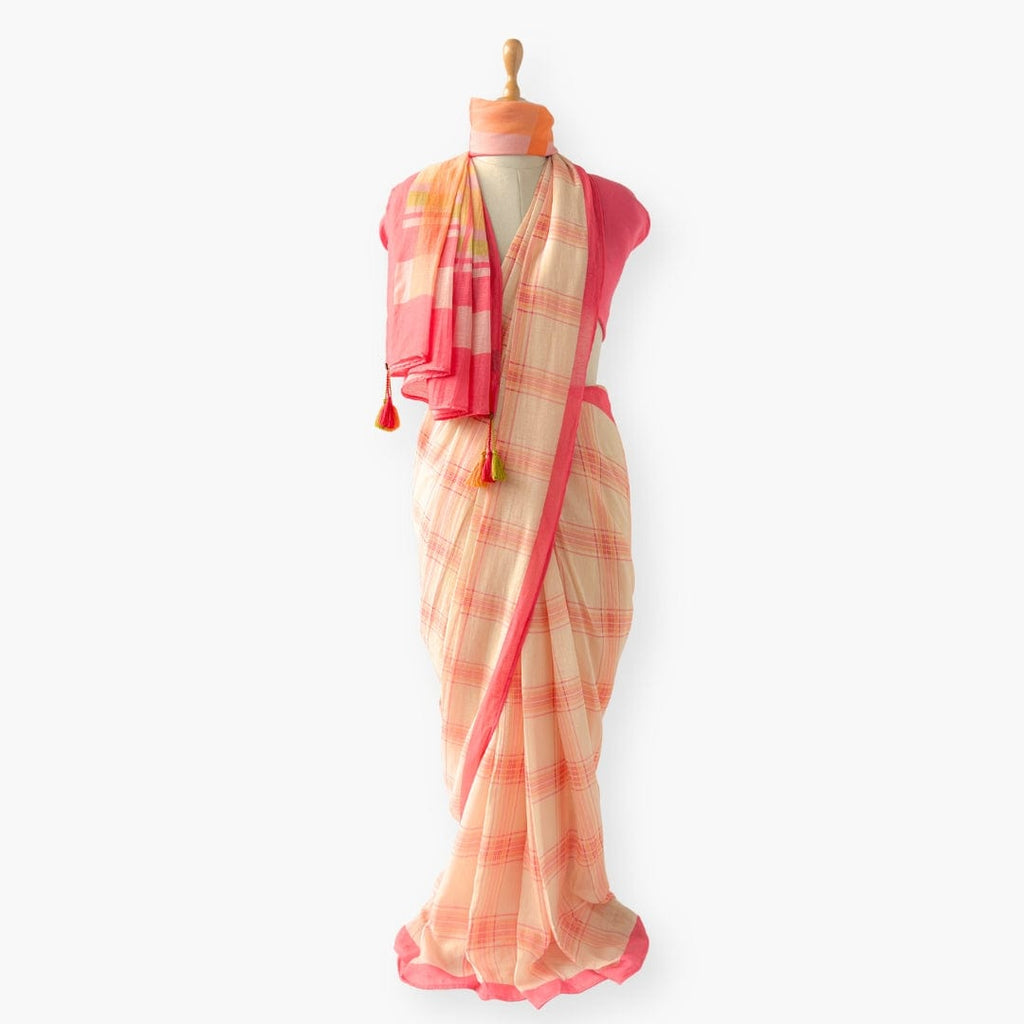 Pure Linen Saree Saree Peach & Coral Pink The Linen Story Printed Madras Checks Pure Linen Saree With Unstitched Blouse Piece