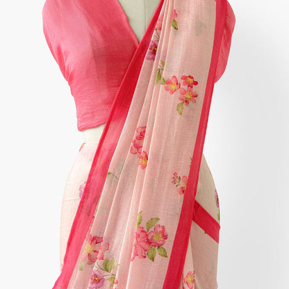 Pure Linen Saree Saree Rose Pink The Linen Story Printed Pure Linen Saree With Unstitched Blouse Piece